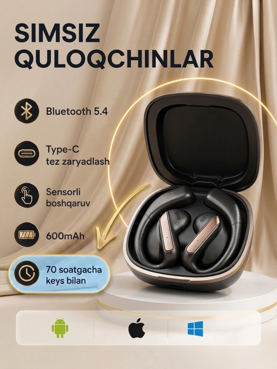 Simsiz quloqchinlar Bluetooth 70 soat ish vaqti mikrofon sensorli suvdan himoyalangan IPX