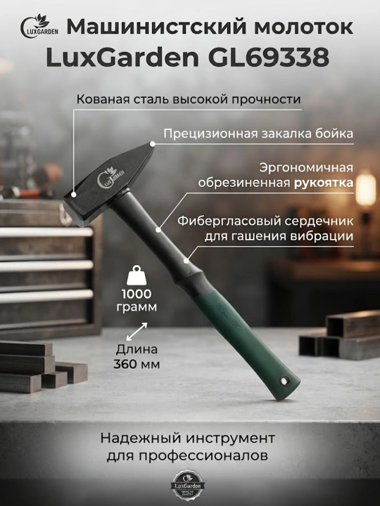 Машинистский молоток LuxGarden 1000 г с резиновой ручкой 360 мм GL69338 - 