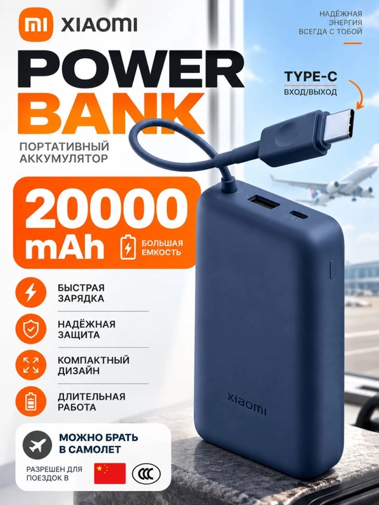 Xiaomi Power Bank 20000mAh 33W, o‘rnatilgan Type-C kabeli, tezkor zaryadlash - 