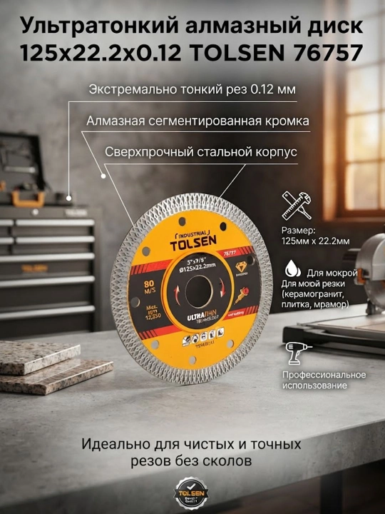 Ультратонкий алмазный диск для мокрого реза 125x22.2x0.12 TOLSEN 76757 - 