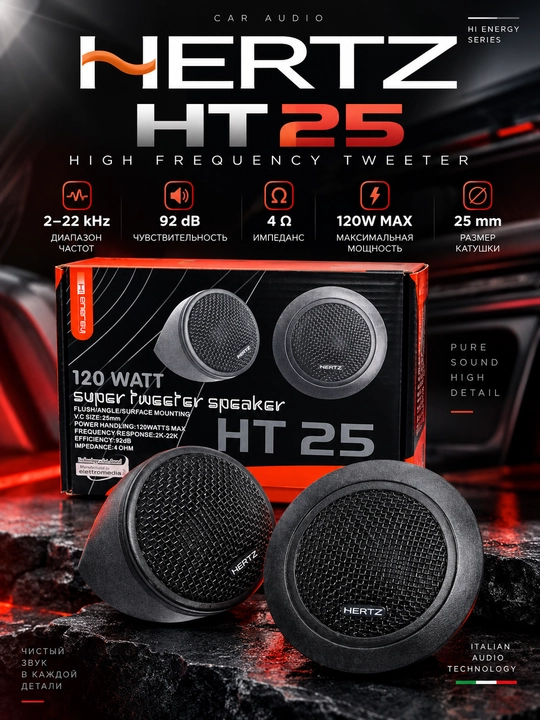 Автомобильные твитеры HERTZ HT 25 Hi Energy, 120W MAX, 2–22 кГц, 4 Ом, 92 дБ - 