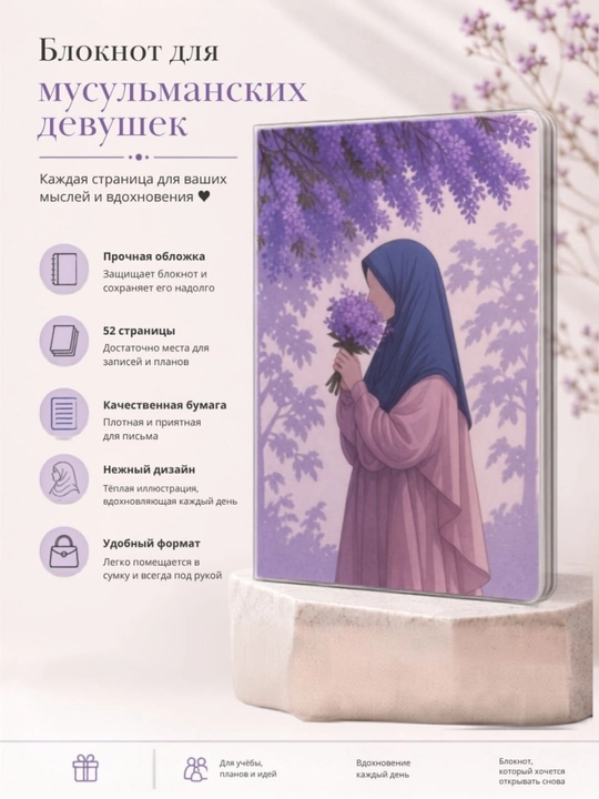 Muslima qizlar uchun kundalik daftar, yumshoq muqova va shaffof g‘ilof bilan, 52 sahifa - 