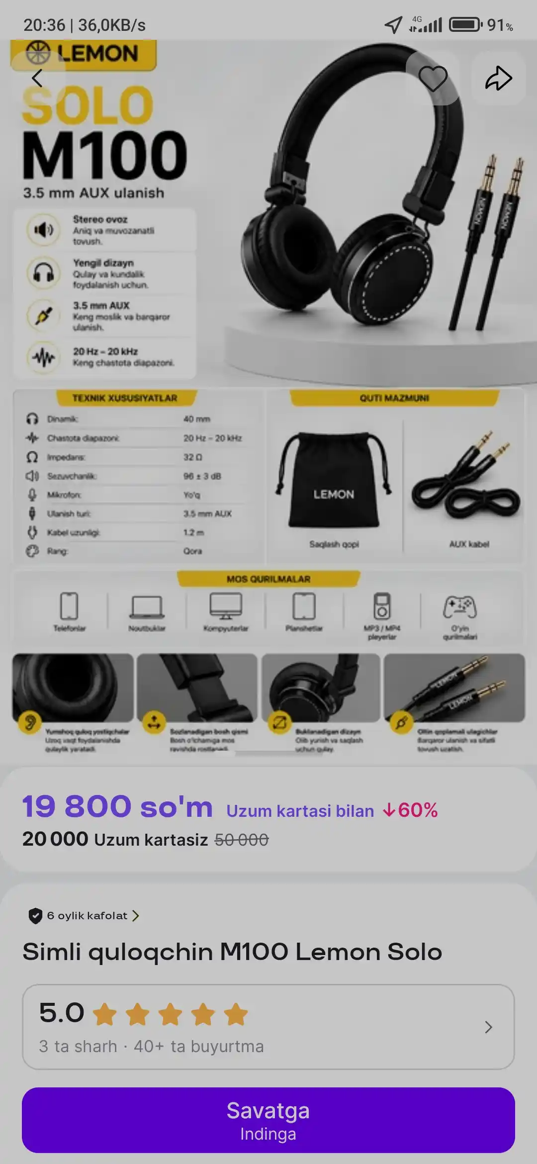 Simli quloqchin M100 Lemon Solo