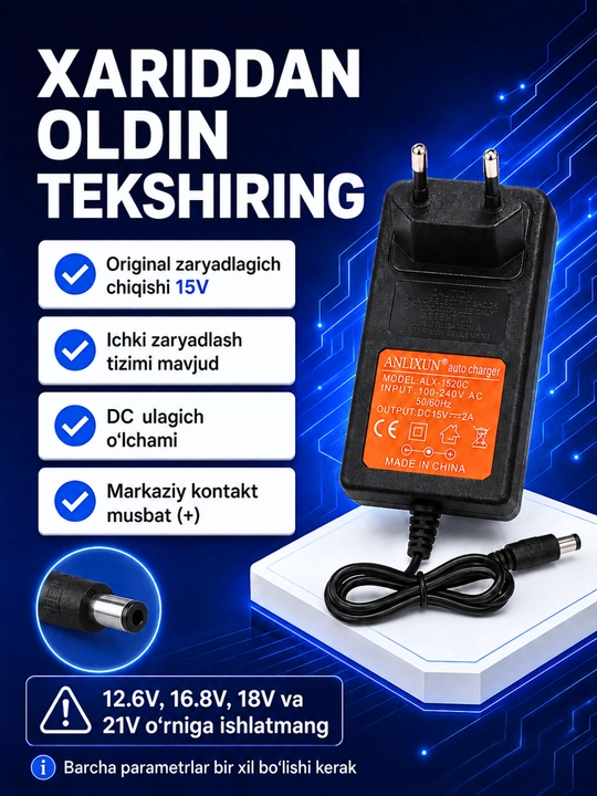 6–24V, 2A akkumulyator batareyalari va elektr asboblari uchun zaryadlash qurilmasi