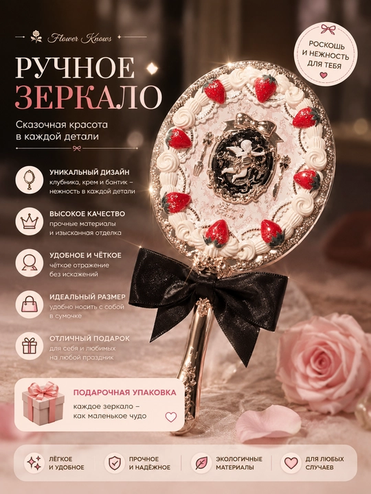 Flower Knows Strawberry Cupid qulupnay va bantli qo‘l kosmetik oynasi - 