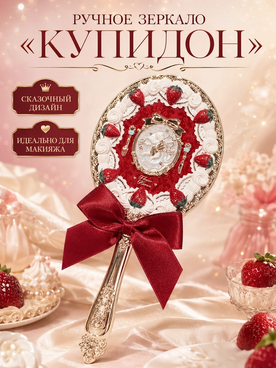 Flower Knows Strawberry Cupid qulupnay va bantli qo‘l kosmetik oynasi - 
