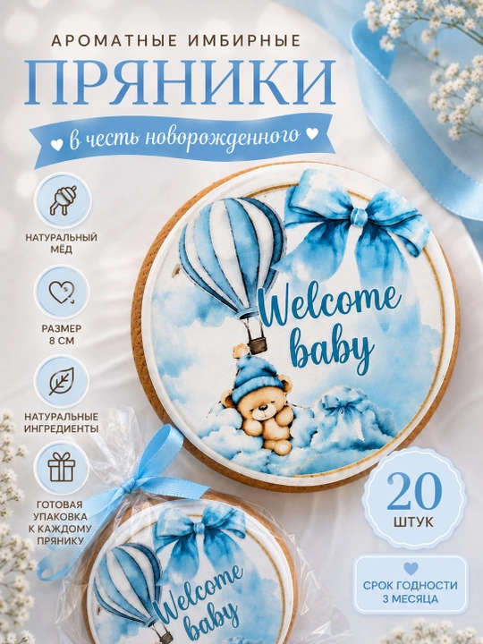 Имбирные пряники «Welcome Baby» с натуральным мёдом, для новорождённого, 20 штук - 
