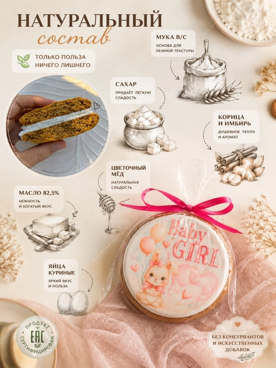 Имбирные пряники «Baby Girl» для новорождённой девочки, с натуральным мёдом, 20 штук