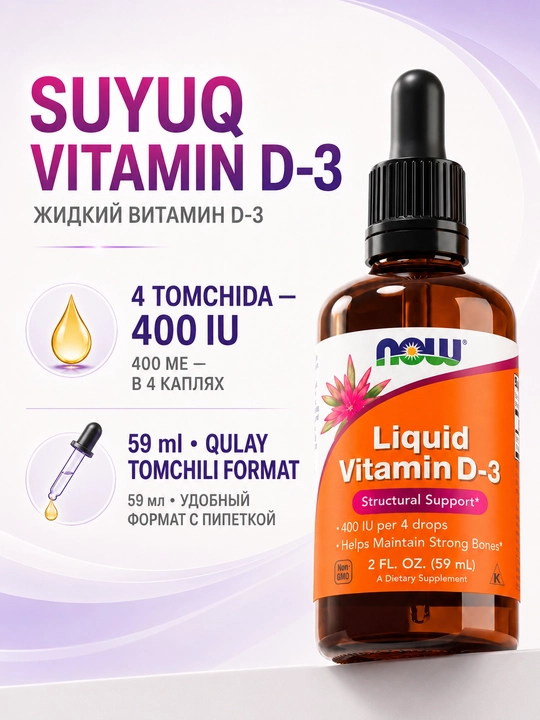NOW Foods Liquid Vitamin D-3, suyuq Vitamin D3, 400 IU / 4 tomchi, 59 ml, tomizgichli - 
