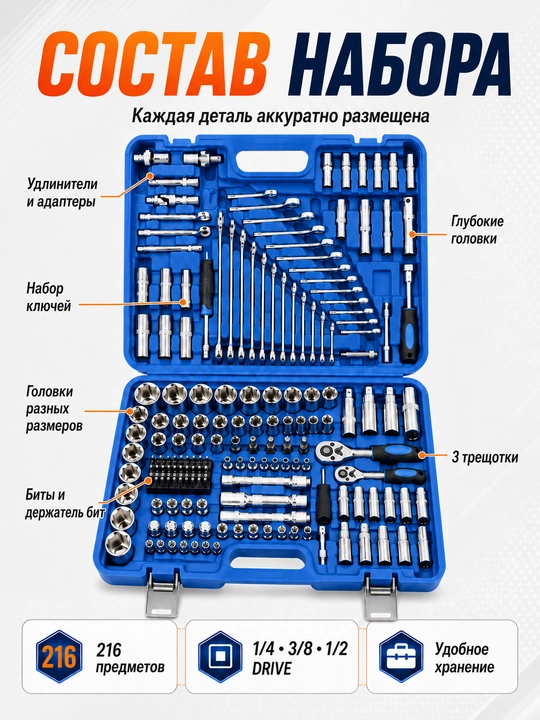 Набор ключей, ключ набор, набор ключ, ключ шестигранник, набор головок TOOLS 216-46