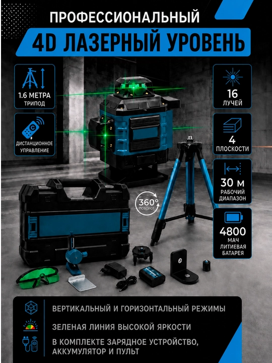 Лазерный уровень 4D-16 / 4 * 360, 1.6 м штатив