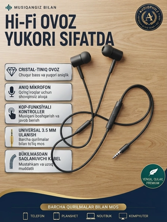 D21 Hi-Fi Simli Naushnik 3.5mm – Mikrofonli Stereo Earphones, Kuchli Bass