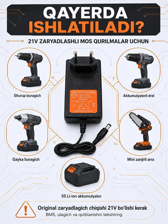 6–24V, 2A akkumulyator batareyalari va elektr asboblari uchun zaryadlash qurilmasi