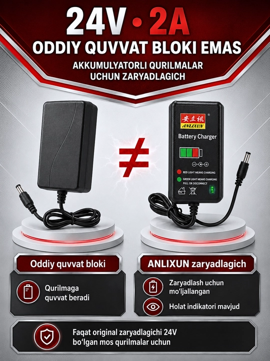 6–24V, 2A akkumulyator batareyalari va elektr asboblari uchun zaryadlash qurilmasi