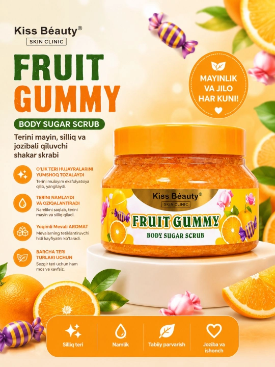 Kiss Beauty tana uchun shakar skrabi, Chocolate Fudge / Fruit Gummy - 