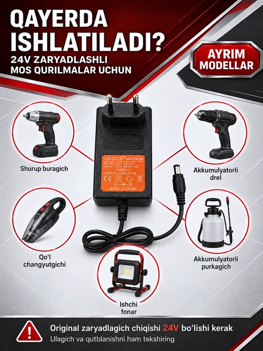 6–24V, 2A akkumulyator batareyalari va elektr asboblari uchun zaryadlash qurilmasi
