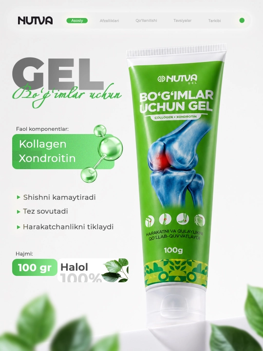 Гель от боли в суставах и мышцах Nutva Gel, с хондроитином, глюкозамином и коллагеном - 