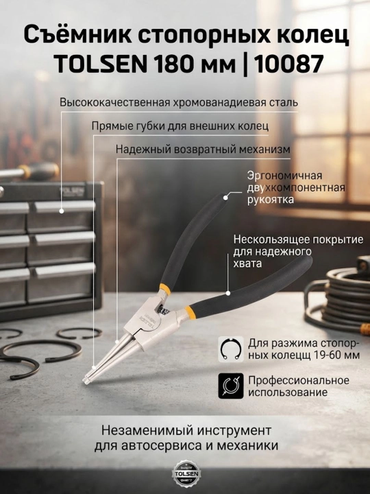 Съёмник стопорных колец TOLSEN 180 мм прямые, разжим 10087 - 