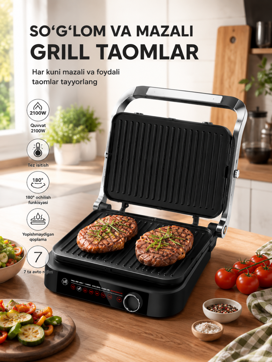 Elektr grill QUVVAT 2100W, 7 ta avtomatik rejim, 180° ochilish, yopishmaydigan qoplama - 
