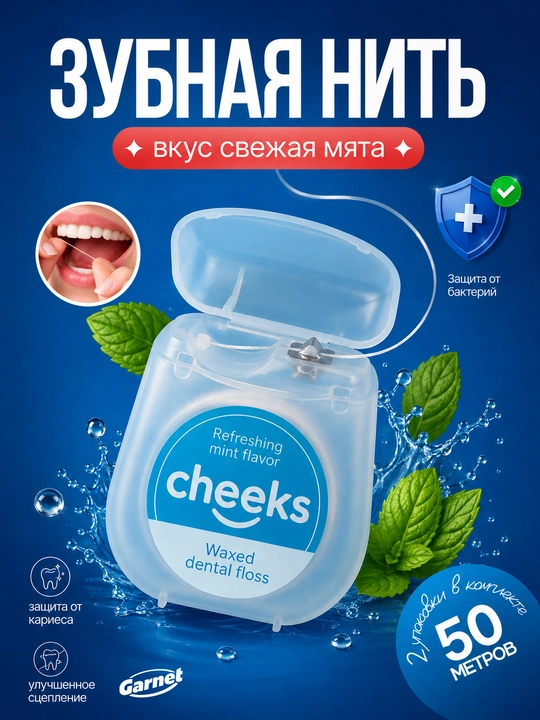 Mentol ta’mli Cheeks tish ipi, Flosser, tish tozalash vositasi, 50 metr - 