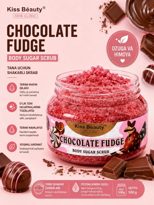 Kiss Beauty tana uchun shakar skrabi, Chocolate Fudge / Fruit Gummy - 