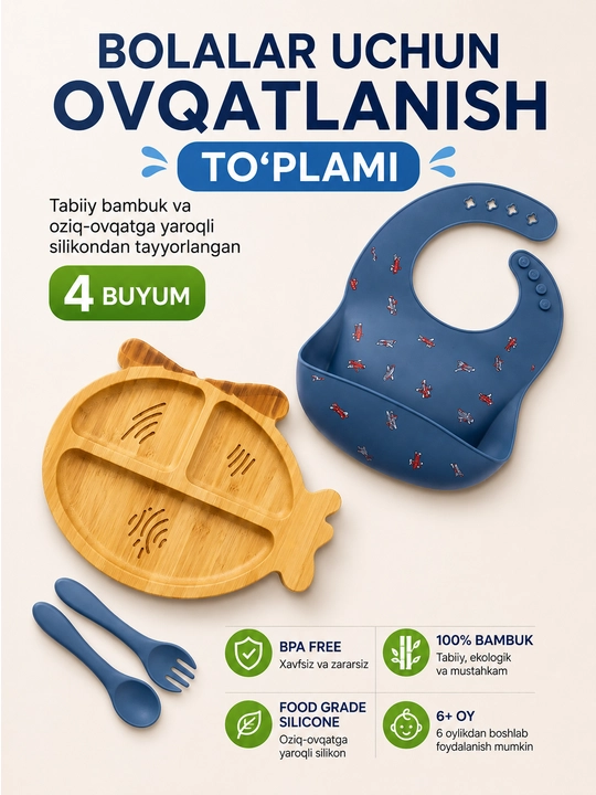 Bolalar idishlari to'plami, bambuk idish va silikon idishlar - 