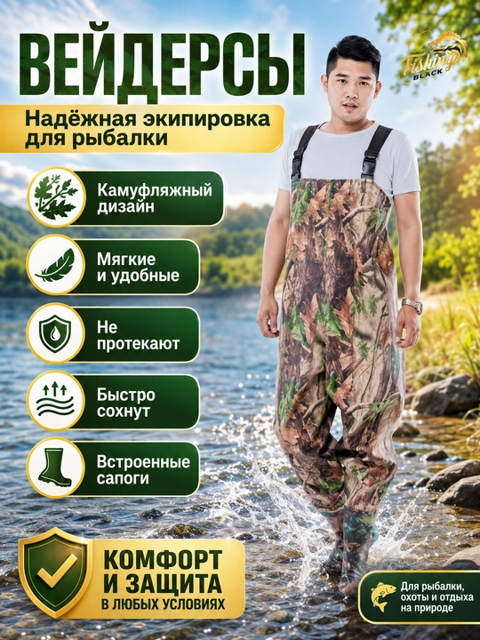 Вейдерсы рыбацкие с сапогами, водонепроницаемый забродный комбинезон для рыбалки - 