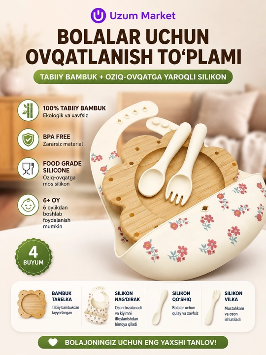Bolalar idishlari to'plami, bambuk idish va silikon idishlar - 
