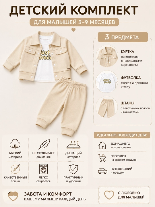 Комплект одежды для малышей из 3 предметов, 3–9 месяцев - 