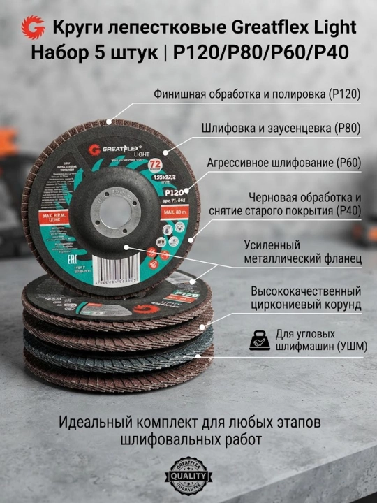 Круг лепестковый Greatflex Light 72 лепестка, 5шт, 125x22.2 мм, P120/P80/P60/P40 - 