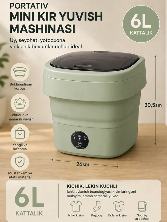 Buklanadigan portativ mini kir yuvish mashinasi, ixcham model