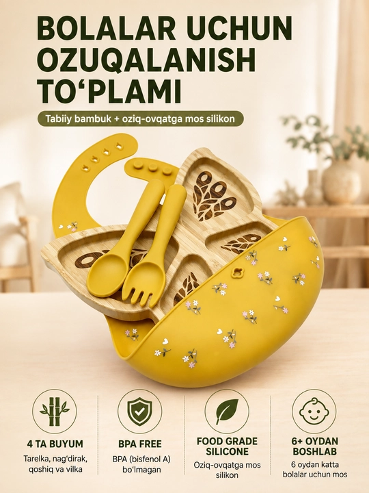 Bolalar idishlari to'plami, bambuk idish va silikon idishlar - 