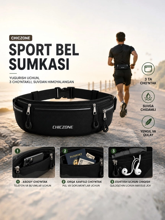 Sport bel sumkasi CHICZONE, 3 ta cho‘ntakli, suvdan himoyalangan - 
