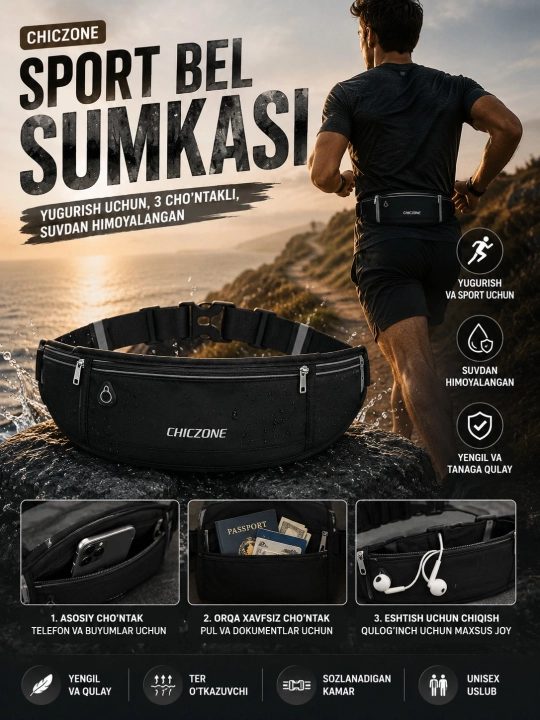 Sport bel sumkasi CHICZONE, 3 ta cho‘ntakli, suvdan himoyalangan