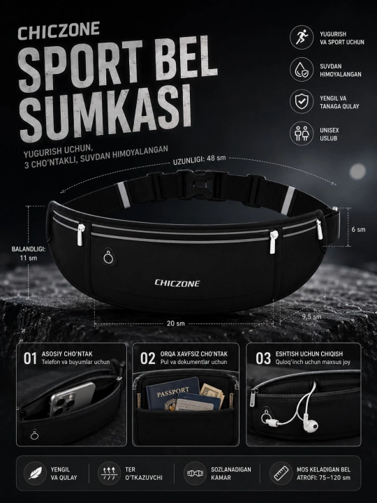 Sport bel sumkasi CHICZONE, 3 ta cho‘ntakli, suvdan himoyalangan