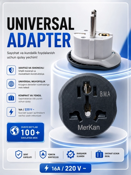 Evro va o'zbek rozetkalari uchun, universal adapter Merkan KT 168, terminator, 16 A - 