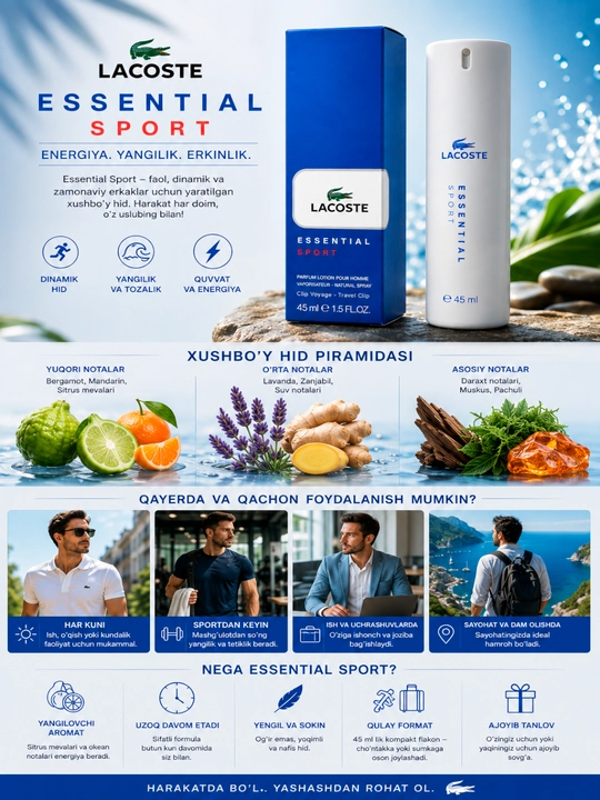 Erkaklar uchun Lacoste Essential Sport parfyumeriyasi, sitrusli aromatik hid, 45 ml