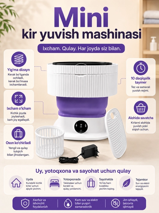 Portativ yig‘ma mini kir yuvish mashinasi kir moshina - 