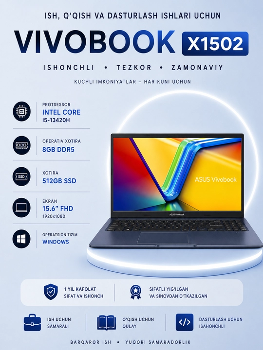 Ноутбук Asus Vivobook X1502, i5-13420H / RAM 8GB DDR5 / SSD 512GB / 15.6" FHD, Windows - 