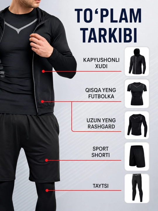 Erkaklar sport komplekti, futbolka va shortik, mashg‘ulotlar uchun nafas oluvchi sport kiyim