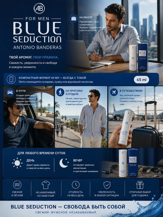 Erkaklar uchun Blue Seduction Antonio Banderas parfyumeriyasi, akvatik aromatik hid, 45 ml