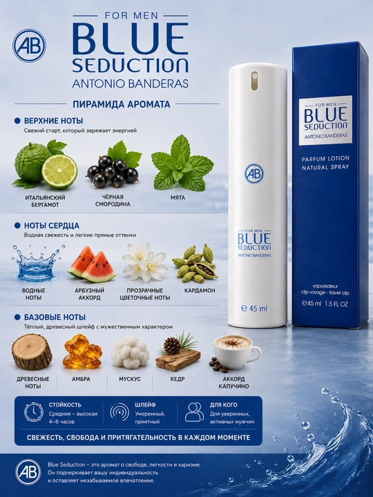 Erkaklar uchun Blue Seduction Antonio Banderas parfyumeriyasi, akvatik aromatik hid, 45 ml