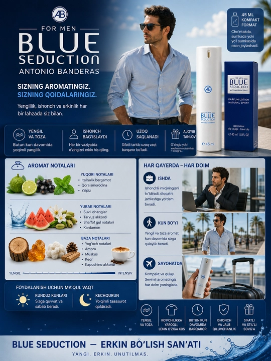 Erkaklar uchun Blue Seduction Antonio Banderas parfyumeriyasi, akvatik aromatik hid, 45 ml