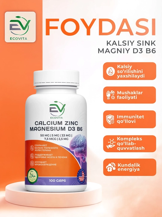 Kalsiy + Sink + Magniy, D3 va B6 vitaminlari ECOVITA, 100 kapsula