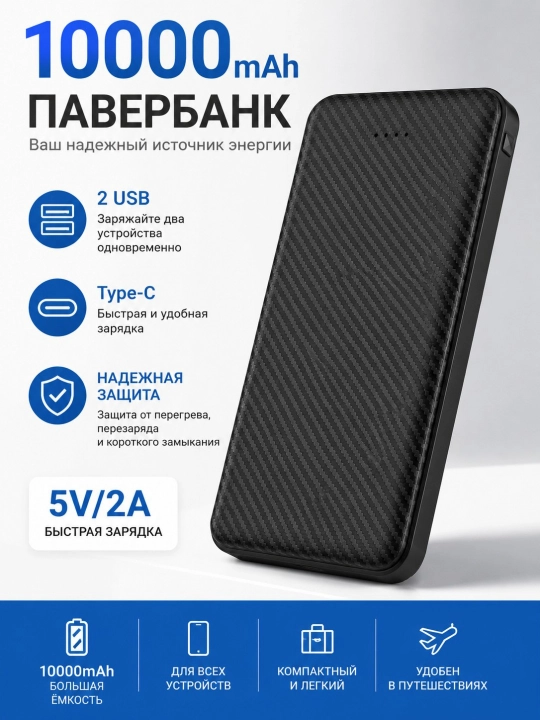 10000 mAh powerbank, USB va Type-C portli tashqi akkumulyator, qora - 