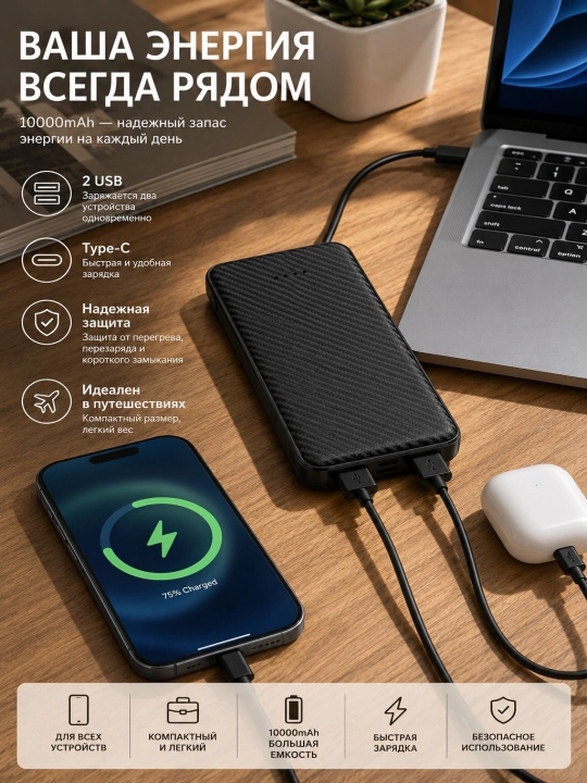 Повербанк 10000 mAh, внешний аккумулятор с USB и Type-C, черный