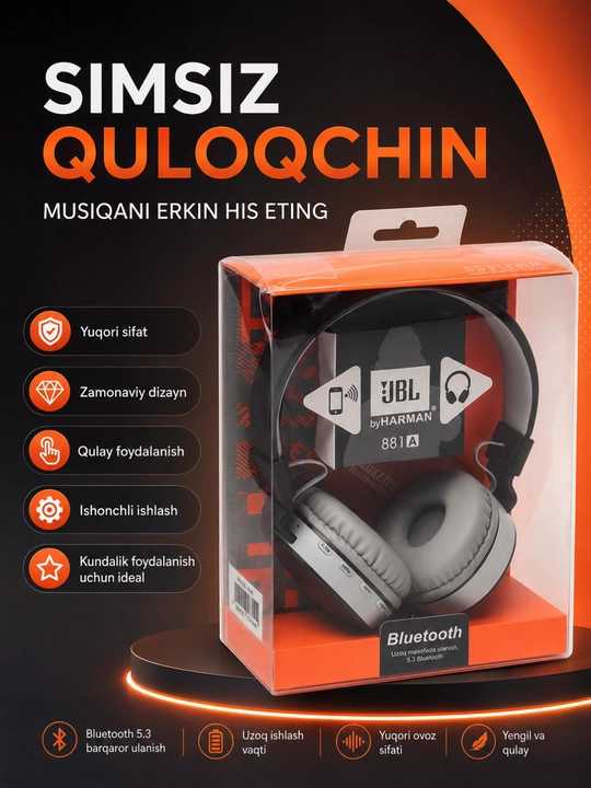 Беспроводные наушники JBL 881A Bluetooth с мощным басом и долгой работой - 