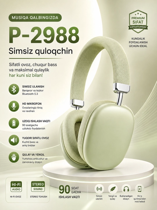 Bass+ p-2988 беспроводные bluetooth наушники hi-fi stereo, до 90 часов работы - 