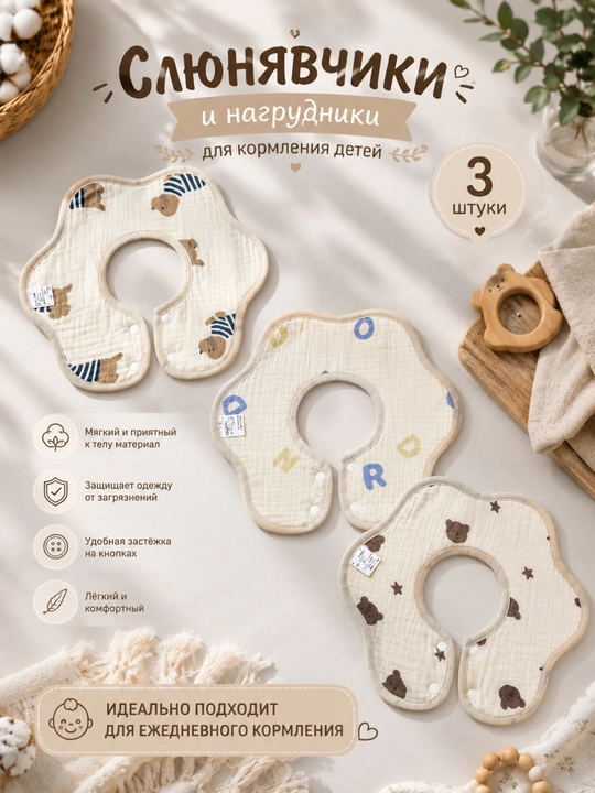 Слюнявчик детский для кормления, нагрудник для малыша, набор 1–3 шт - 