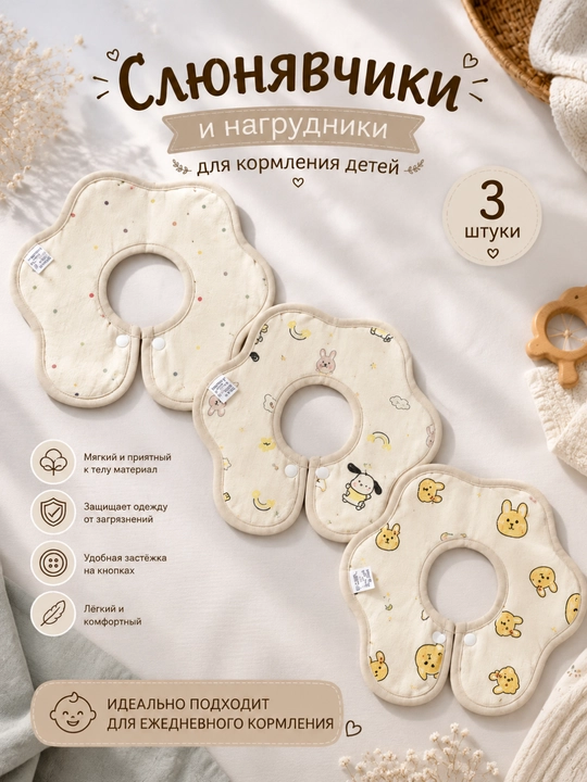 Слюнявчик детский для кормления, нагрудник для малыша, набор 1–3 шт - 